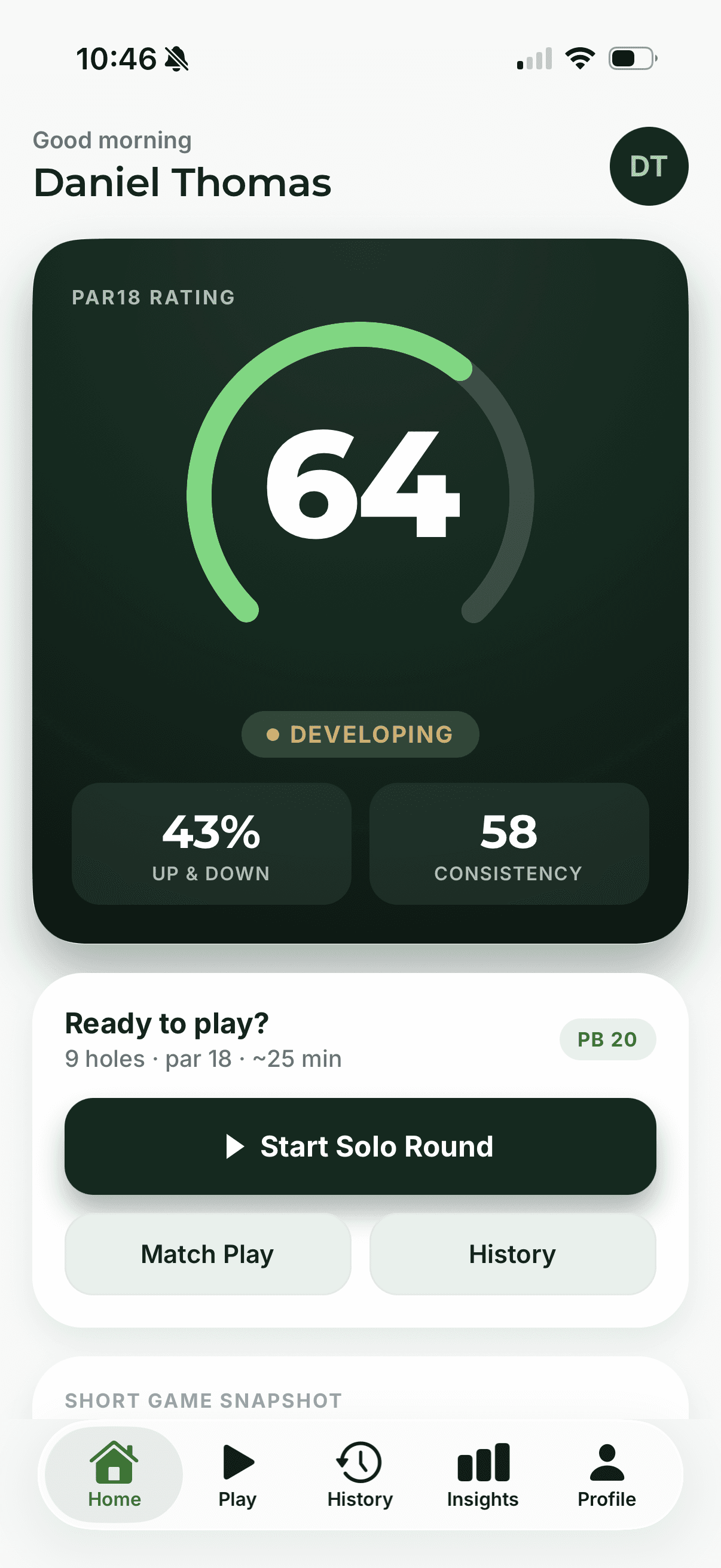PAR-18 home screen showing a PAR18 rating of 64, up and down 43 percent, consistency 58, and a Start Solo Round button.